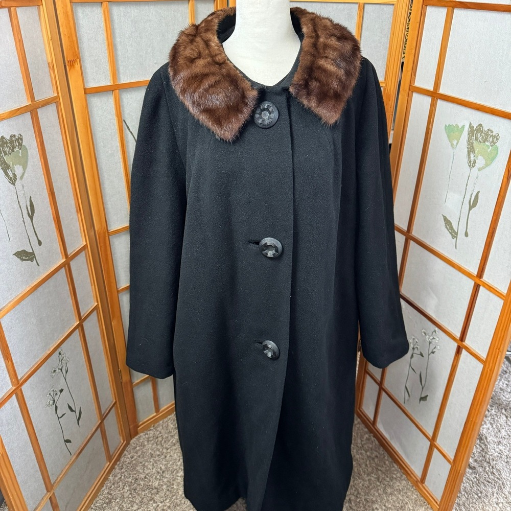 Vintage Brentshire Einiger Wool Coat Brown Fur Collar Black Long Jacket